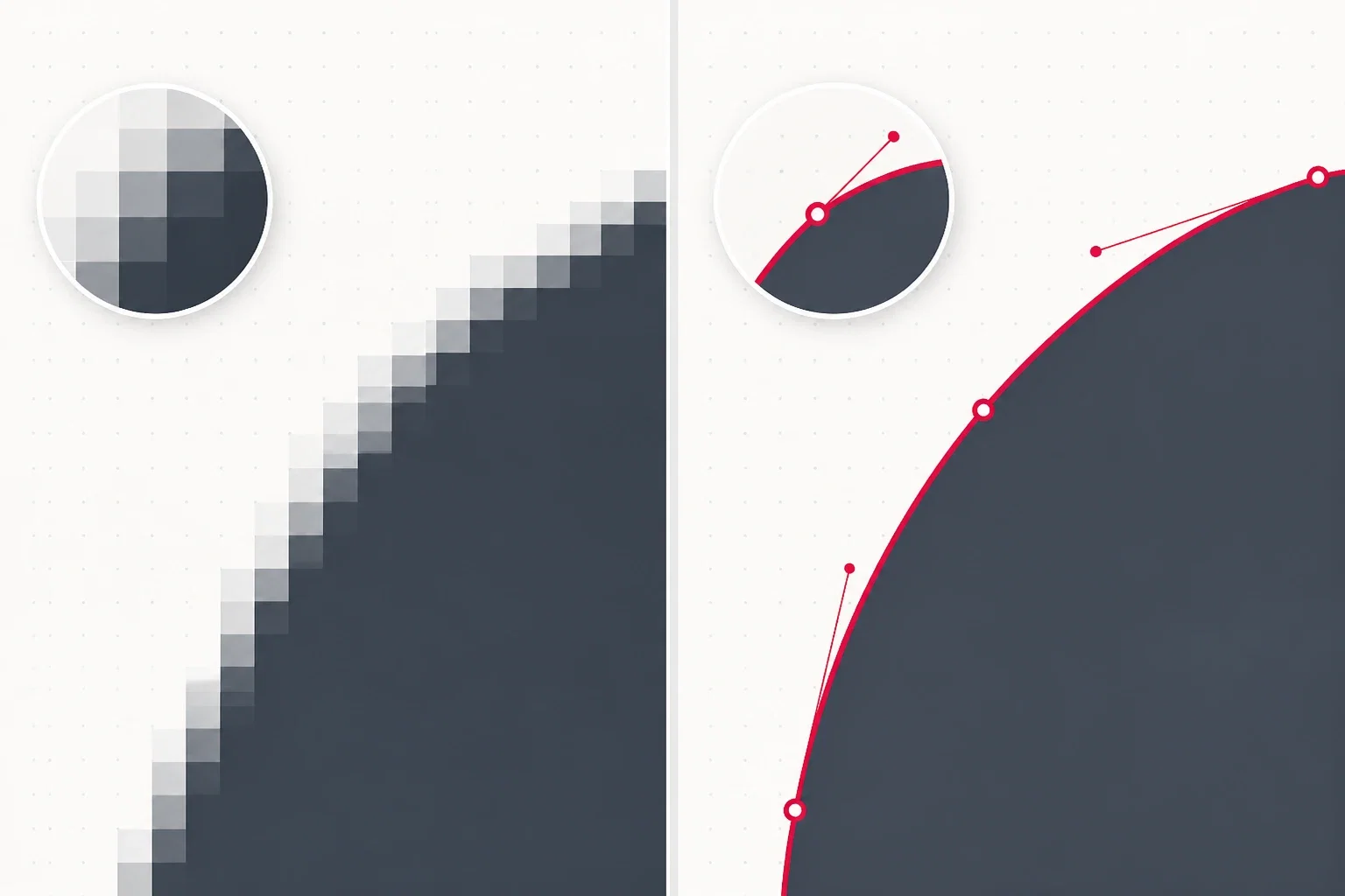 Comparação lado a lado: borda serrilhada de imagem bitmap com pixels visíveis contra a mesma borda como curva vetorial suave com pontos de ancoragem